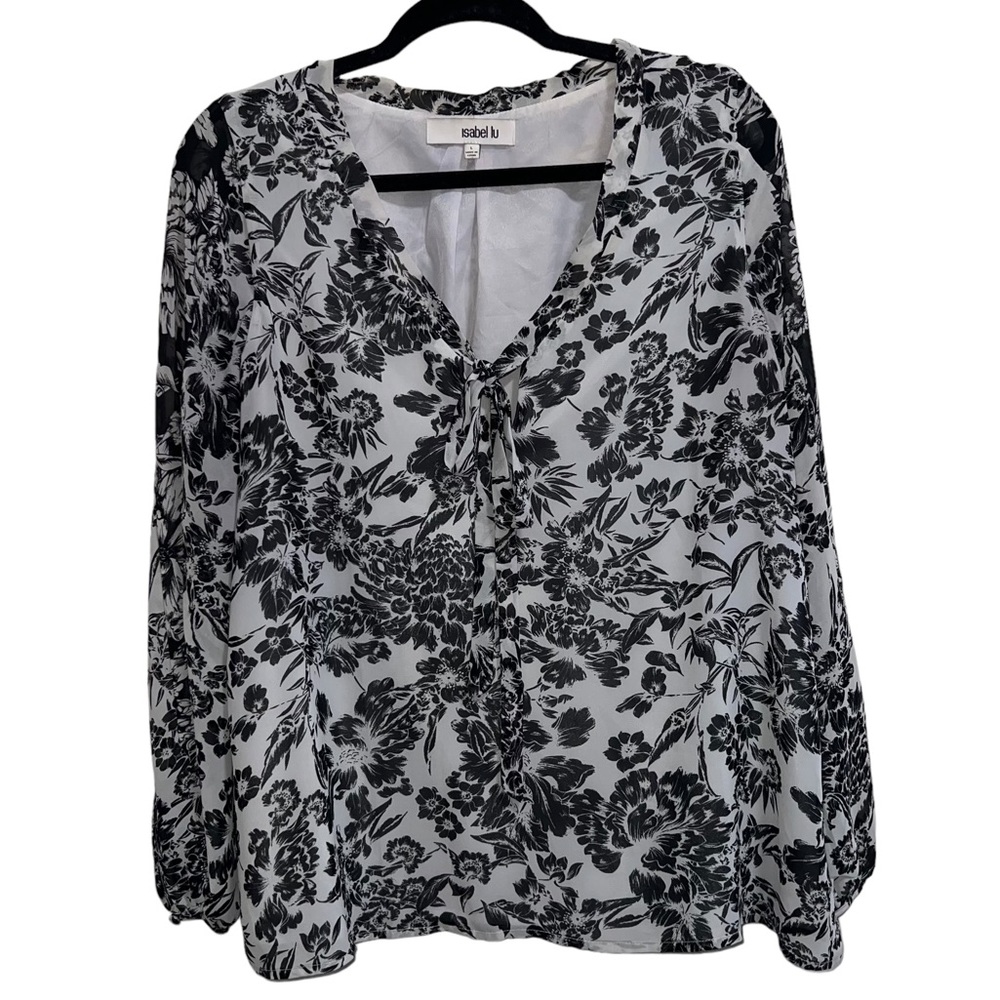 Isabel Lu Black Floral Tie Neck Blouse